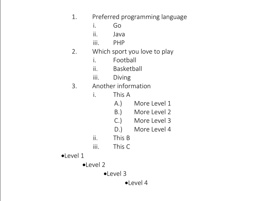 Page with bulleted and numbered lists