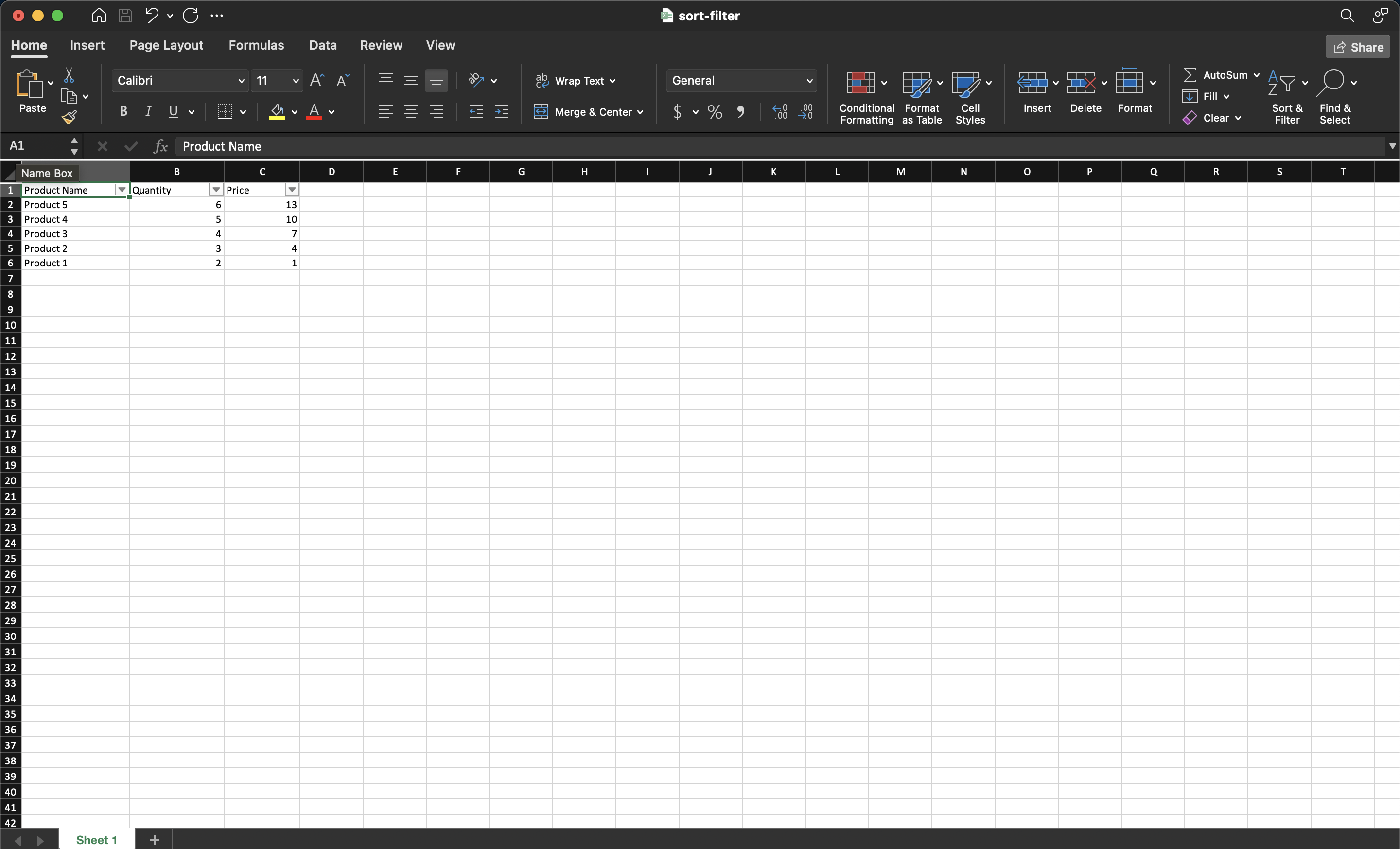 Product table sorted by price with filter dropdowns